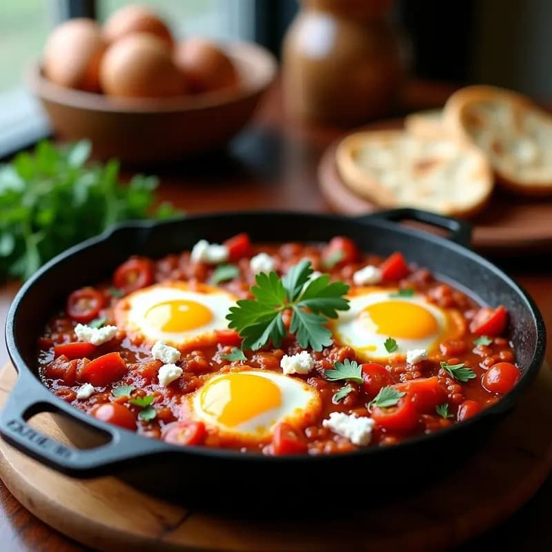 Sartén de hierro fundido con shakshuka vegana: salsa espesa de tomate y especias con cubos dorados de chorizo de tofu y queso de cabra vegano derretido. Decorado con hierbas frescas y pimentón ahumado.