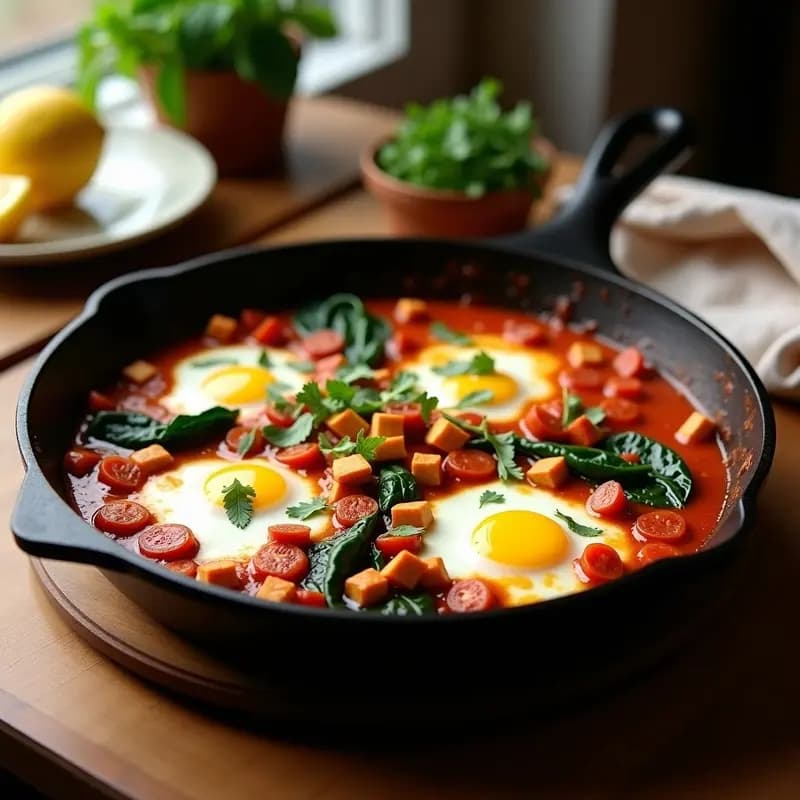 Sartén de hierro fundido con shakshuka con chorizo vegano y espinacas, huevos con yemas líquidas, tomate especiado y cilantro fresco, receta norteafricana para desayunar.