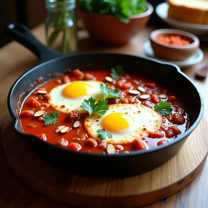 Sartén de hierro fundido con shakshuka tunecina vegana: salsa espesa de tomate y pimiento rojo con especias, cubos de tofu, rodajas de chorizo vegano dorado, trozos de queso de anacardos cremoso y perejil fresco. Plato colorido y apetecible, ideal para desayuno proteico y sin lactosa.