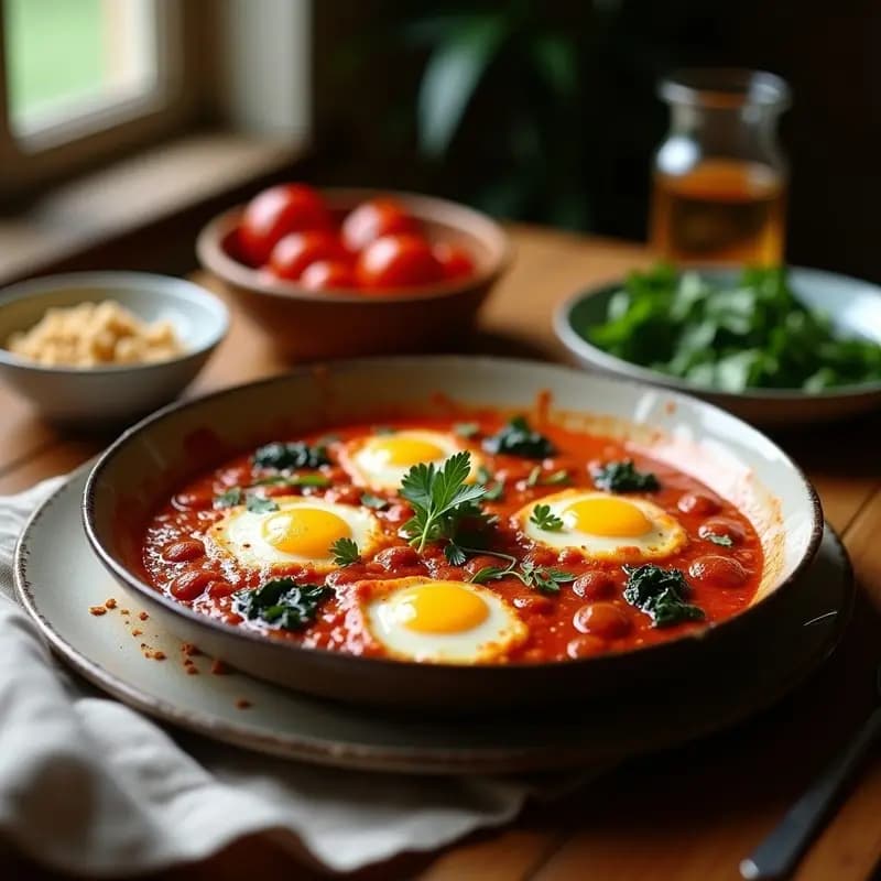 Sartén de hierro fundido con shakshuka de chorizo vegetal y espinacas, huevos pochados con yemas líquidas, salsa de tomate espesa con especias bereberes, decorada con perejil fresco y rodajas de chorizo vegetal dorado.