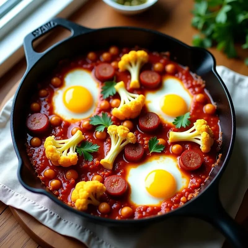 Sartén de hierro con shakshuka de coliflor y chorizo vegano, floretes dorados de coliflor asada, rodajas de chorizo vegano y salsa de tomate especiada, decorada con perejil fresco y almendras tostadas, sobre fondo rústico de madera.