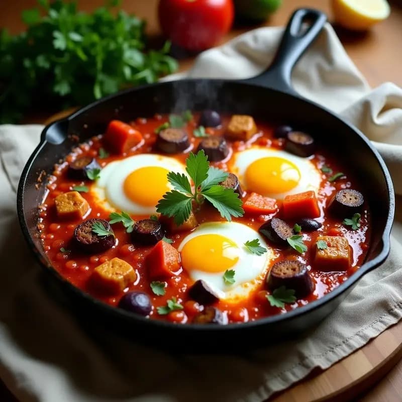 Sartén de hierro con shakshuka tunecina de cordero y berenjena asada, huevos pochados sobre salsa espesa de tomate y especias, decorada con perejil fresco.