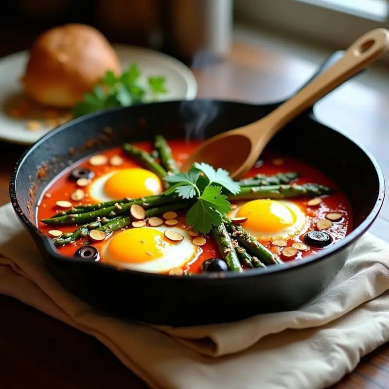 Sartén de hierro con Shakshuka de Espárragos y Aceitunas Negras vegana, trozos de tofu desmenuzado, espárragos verdes, aceitunas negras y almendras fileteadas, decorada con cilantro fresco sobre un paño de lino beige.