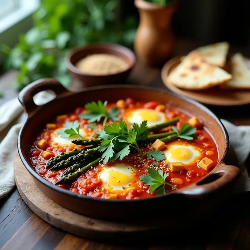 Cazuela de barro con shakshuka vegana tunecina de espárragos verdes y alcachofas en salsa de tomate especiada, acompañada de pan de pita integral tostado y semillas de sésamo. Plato colorido con hierbas frescas y toques de comino.