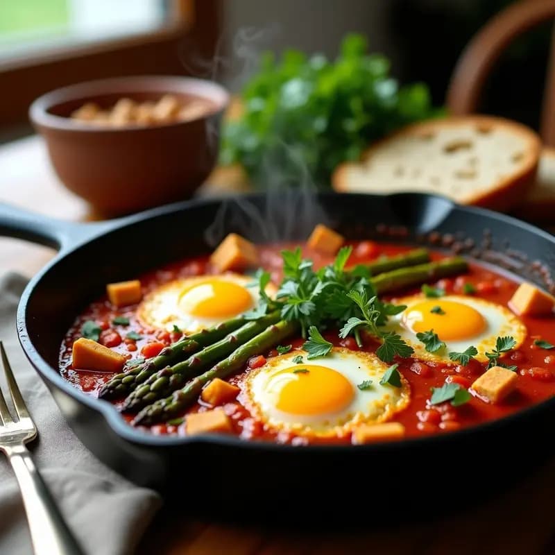 Sartén de hierro con Shakshuka de Espárragos y Alcachofas con tofu desmenuzado, bañado en salsa de tomate especiada con comino y pimentón. Verduras tiernas y tofu dorado, decorado con perejil y menta fresca. Plato primaveral vegano y colorido.