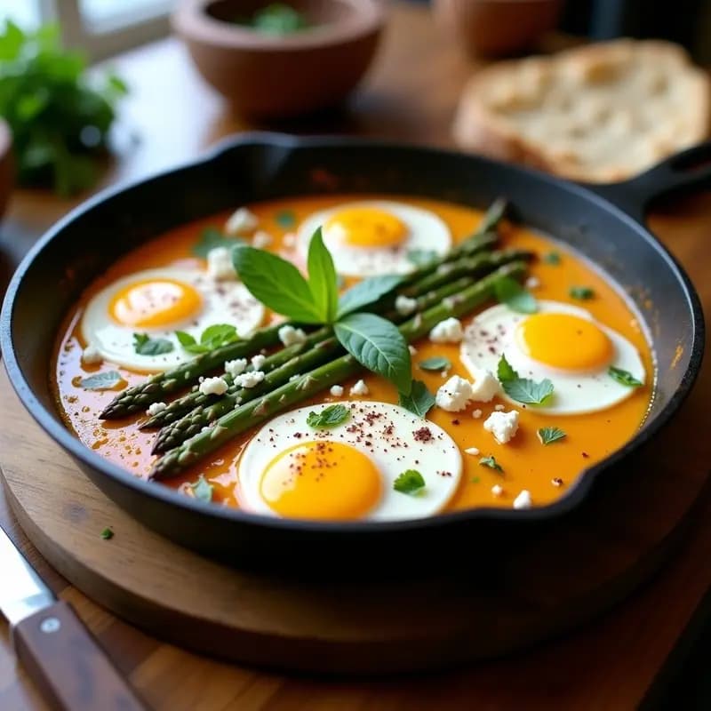Sartén de hierro con shakshuka de espárragos blancos y feta, huevos con yemas líquidas, espolvoreada con perejil fresco y queso feta desmenuzado, desayuno norteafricano proteico.
