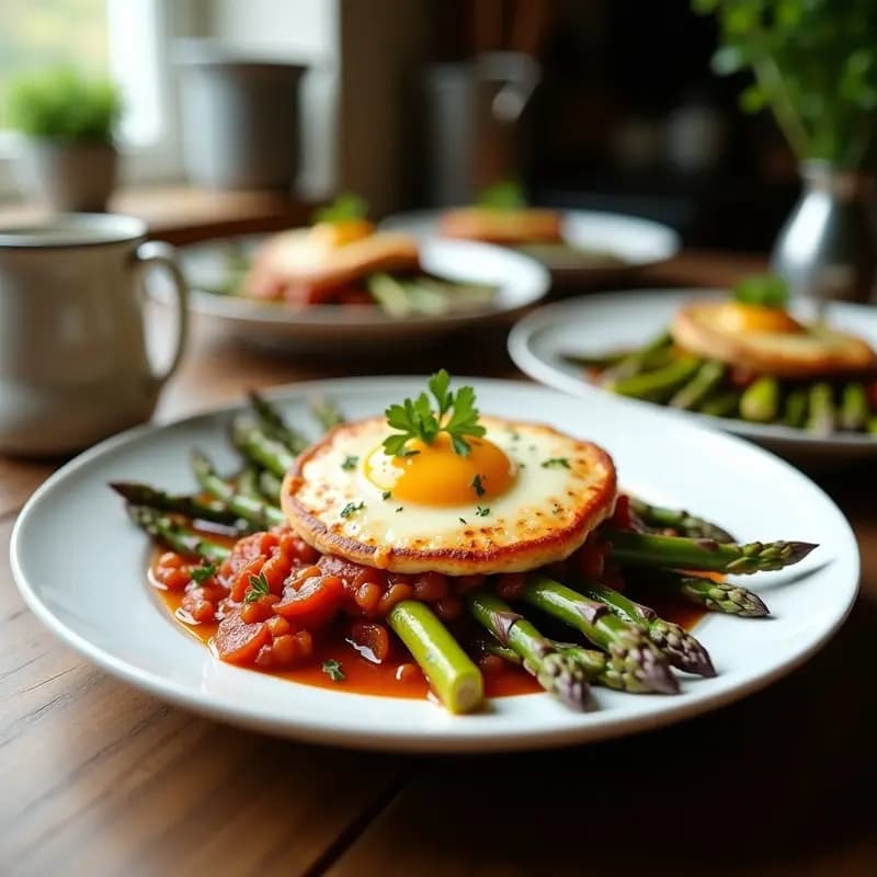 Sartén de hierro fundido con shakshuka vegana de espárragos trigueros y feta de anacardos derretida, tomates asados caramelizados, hierbas provenzales y semillas de sésamo tostadas. Plato colorido y vibrante con tonos verdes, rojos y blancos, típico de un desayuno mediterráneo primaveral.