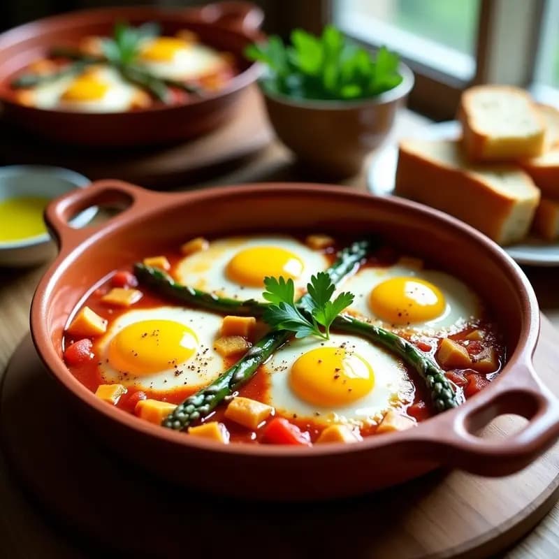 Fuente de barro rústica con Shakshuka tunecina: huevos escalfados en salsa de tomate especiada con trozos de espárragos verdes y cubos dorados de queso Halloumi, espolvoreado con perejil fresco.