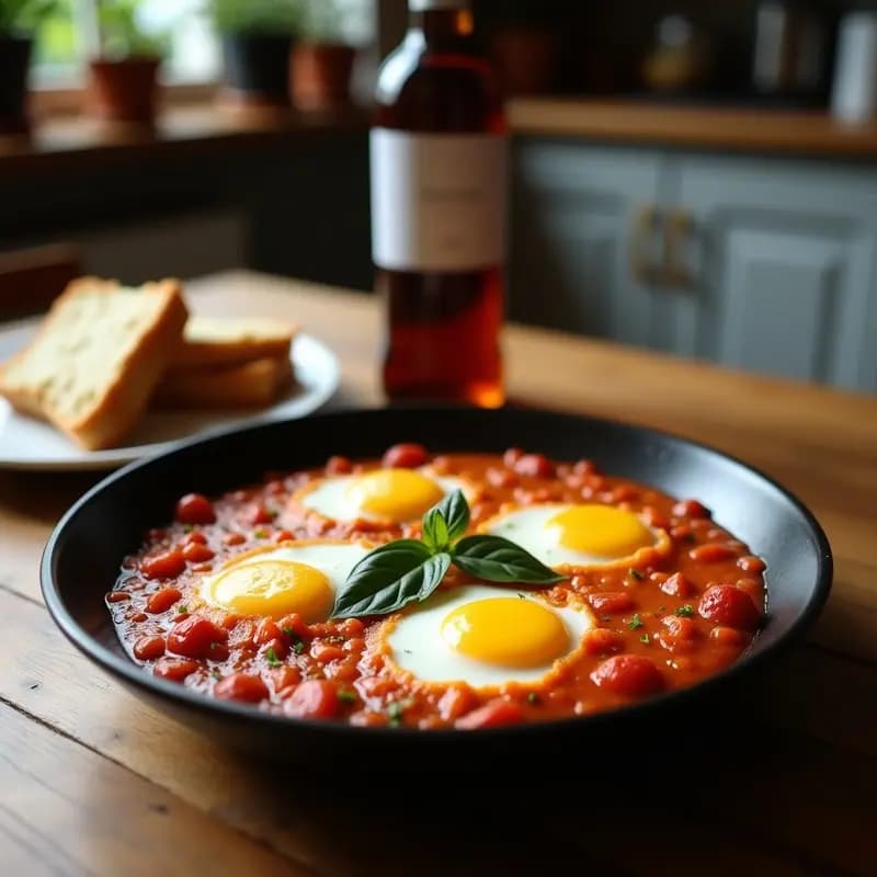 Fuente de barro rústica con Shakshuka de espárragos blancos y huevo de codorniz, desayuno libanés keto. Espárragos tiernos, huevos de codorniz con yema líquida, trozos dorados de queso halloumi, almendras fileteadas y cilantro fresco espolvoreado. Fondo borroso con especias orientales.