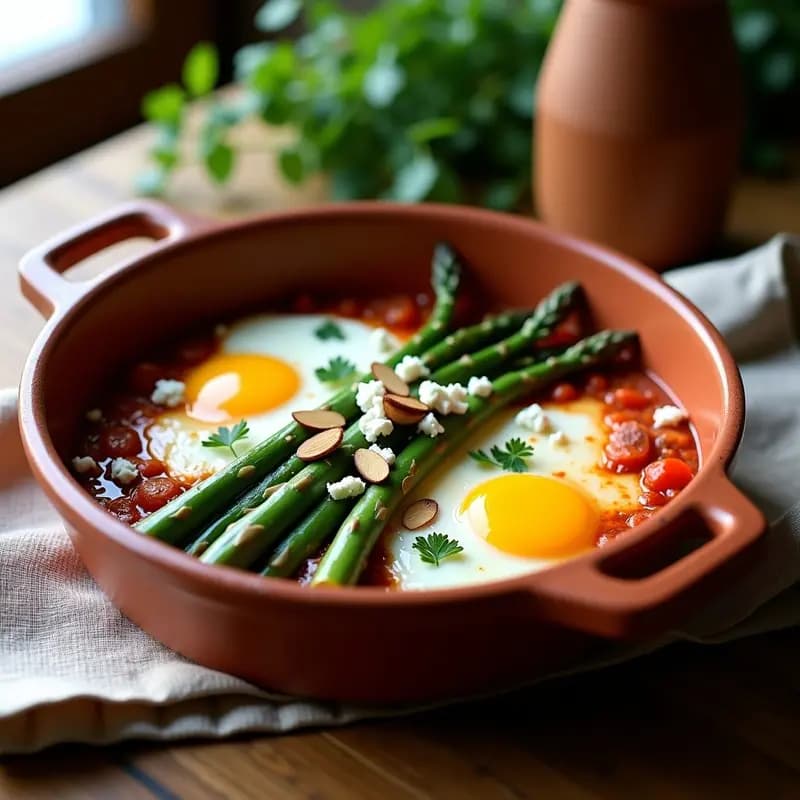 Olla de barro humeante con shakshuka tunecina de espárragos trigueros, panceta ahumada dorada y huevos pochados con yemas líquidas. Decorada con perejil fresco, queso feta desmenuzado y almendras tostadas sobre fondo rústico de madera.