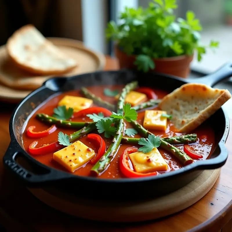 Sartén de hierro fundido con shakshuka tunisina sin huevos: tofu sedoso marinado en especias, espárragos trigueros tiernos y pimientos rojos asados en salsa de tomate aromatizada, decorada con almendras fileteadas y perejil fresco. Plato colorido y apetitoso sobre fondo rústico.