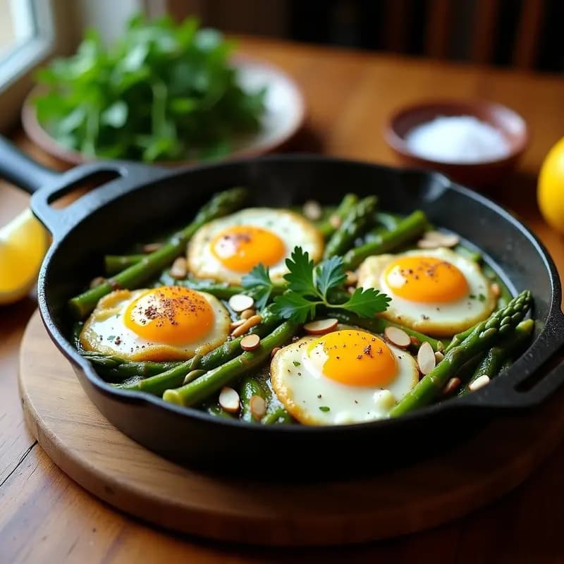 Sartén de hierro con shakshuka de espárragos y pimientos verdes sin tomate, huevos escalfados con yemas líquidas, espolvoreada con perejil fresco y almendras tostadas, sobre fondo rústico de madera.