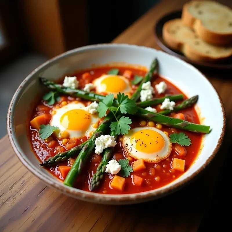 Plato hondo de cerámica blanca con shakshuka libanesa: salsa de tomate espesa con trozos de espárragos verdes, huevos pochados con yema líquida, queso de cabra desmenuzado y cilantro fresco, espolvoreado con especias baharat. Acompañado de pan libanés tostado.