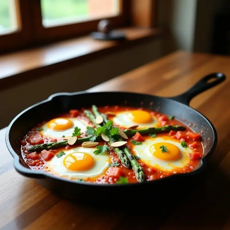Sartén de hierro fundido con shakshuka de espárragos blancos y queso de cabra, huevos pochados con yemas líquidas, espolvoreada con cilantro fresco, almendras tostadas y queso de cabra desmenuzado, sobre fondo rústico de madera.