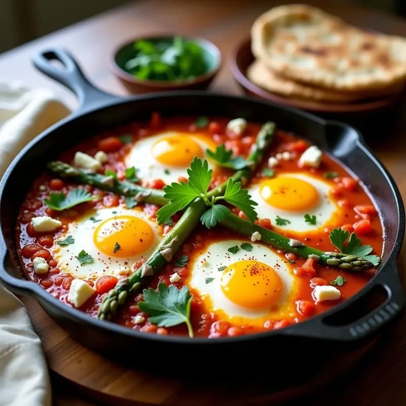 Sartén de hierro fundido con shakshuka tunisiana de primavera: huevos escalfados sobre salsa de tomate y especias, espárragos verdes al dente, queso de cabra desmenuzado y hierbas frescas como perejil y cilantro.