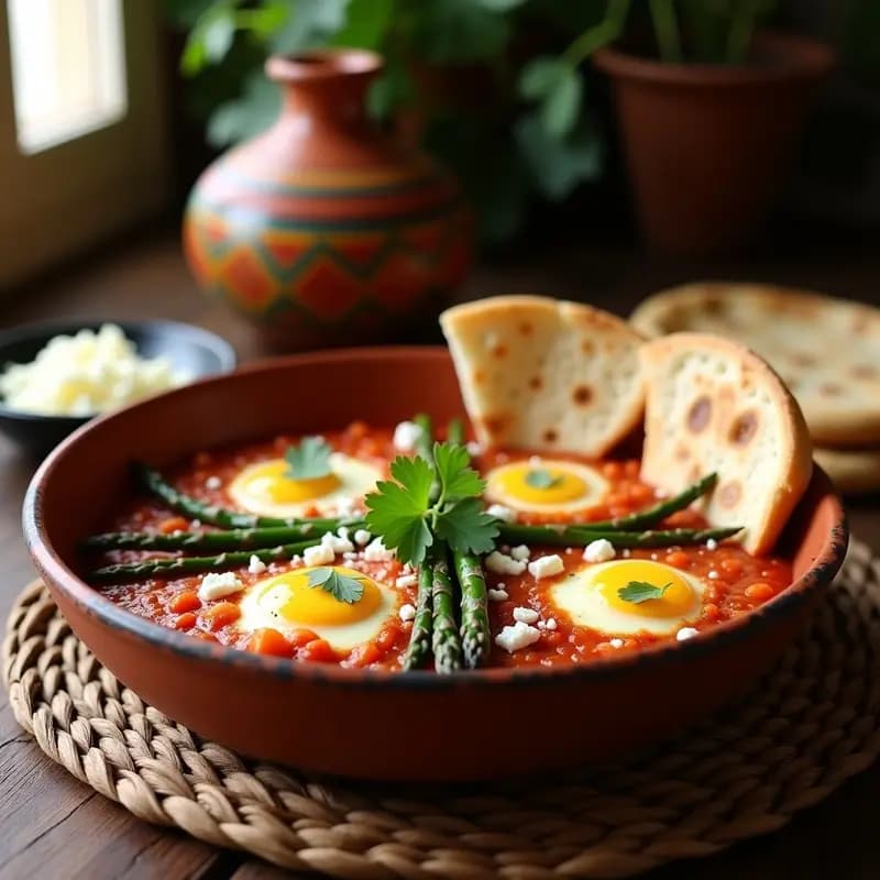 Sartén de hierro con shakshuka vegana de espárragos trigueros y queso feta derretido, tomates cherry y especias, acompañada de pan de pita integral tostado. Plato colorido y vibrante con toques verdes, rojos y blancos, típico desayuno túnes.