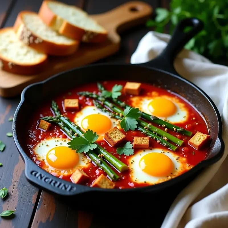 Sartén de hierro con shakshuka vegana de espárragos trigueros y tofu sedoso en salsa de tomate especiada, acompañada de rebanadas doradas de pan de semillas. Plato colorido y apetitoso con toques de perejil fresco.