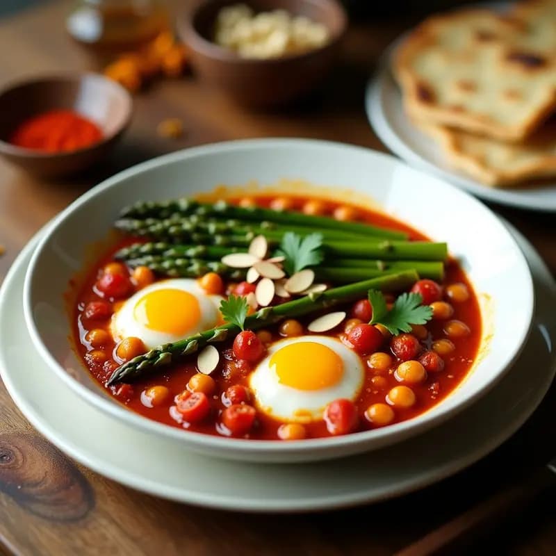 Cazuela de barro con shakshuka de espárragos y tomates secos sin huevo, garbanzos, almendras fileteadas y perejil fresco, receta norteafricana en olla express.