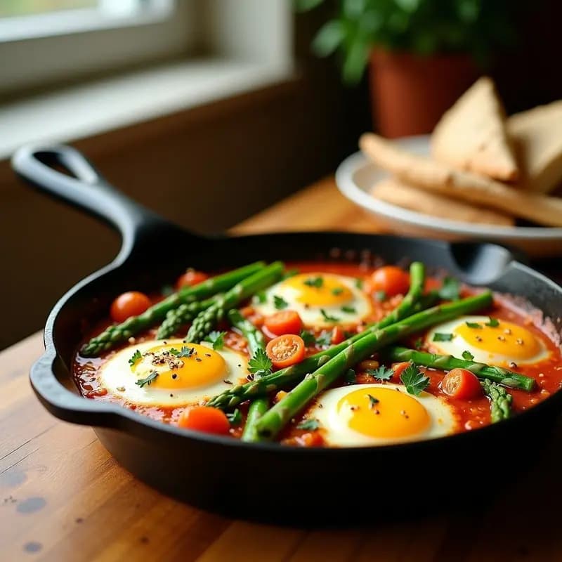 Sartén de hierro con shakshuka vegana de espárragos trigueros, tomates verdes en dados y tofu desmenuzado dorado, espolvoreada con perejil fresco y semillas de sésamo. Plato colorido y apetitoso típico del desayuno tunecino sin huevos.