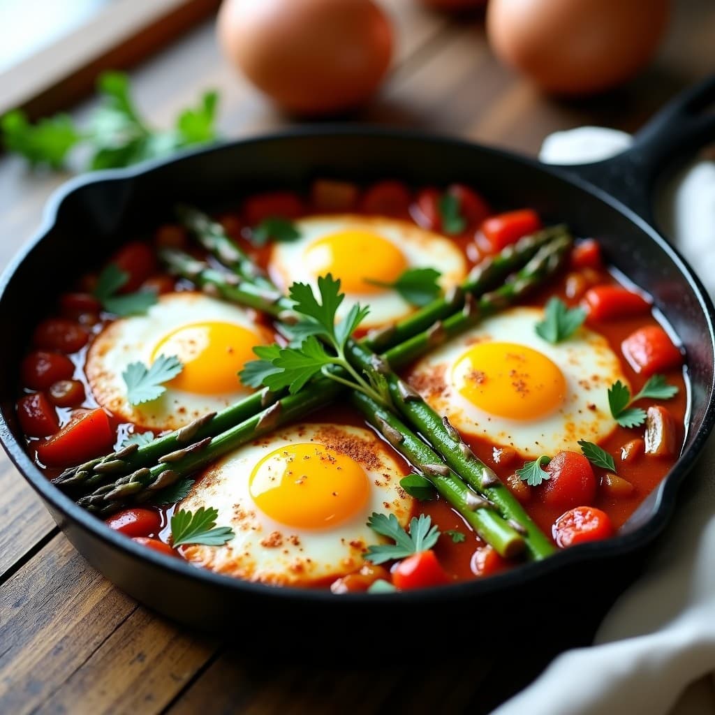 Shakshuka de Espárragos Verdes: Receta en Sartén con Huevo Pochado y Alta en Fibra