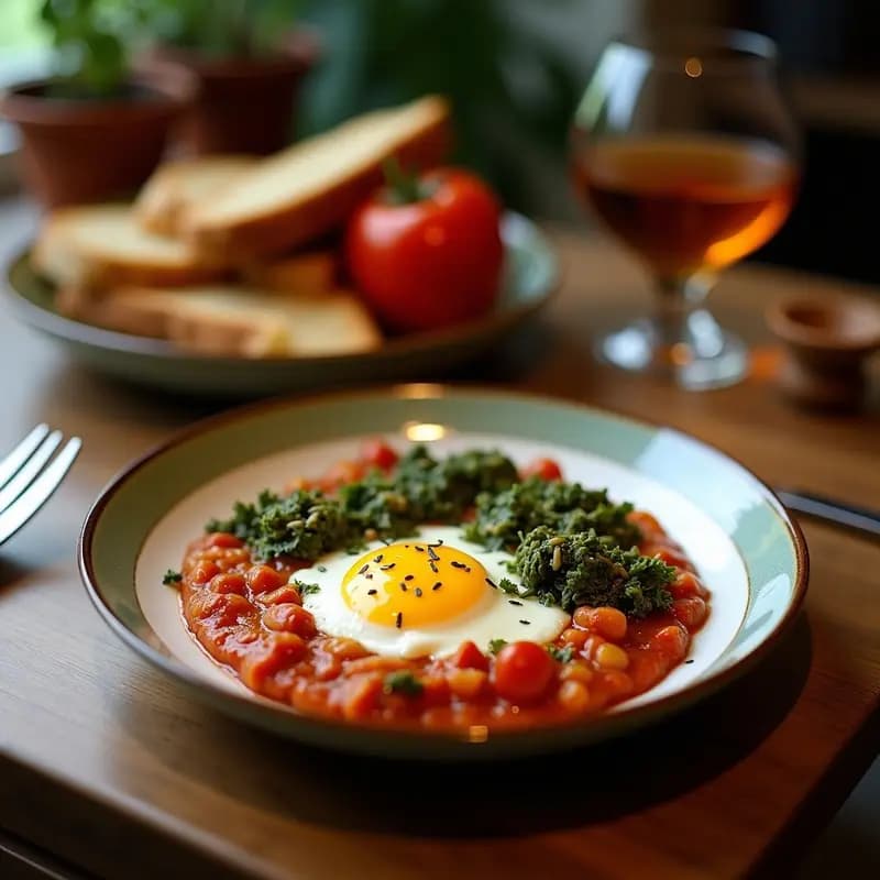 Sartén de hierro fundido con shakshuka de espárragos verdes y tomate magrebí, huevos poché sobre salsa espesa de tomate y trozos de espárragos, decorada con cilantro y perejil fresco. Plato rústico con fondo de madera y especias al lado.
