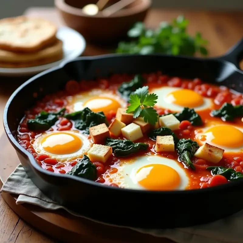 Sartén de hierro negro con shakshuka de espinacas y feta ahumada, huevos pochados con yema líquida sobre salsa de tomate especiada, decorada con cilantro fresco y trozos de feta ahumado dorado.