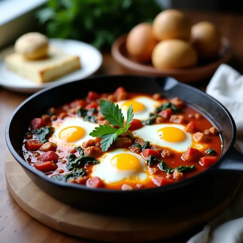Sartén de hierro fundido con shakshuka vegana y sin gluten: salsa de tomate espesa con espinacas, tofu sedoso en forma de huevo y trozos de feta de anacardos dorados, decorado con cilantro fresco.
