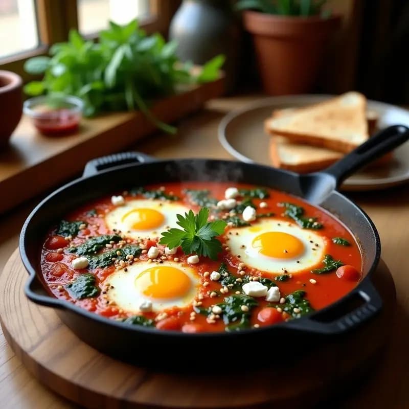 Sartén de hierro fundido con shakshuka tunisiana: huevos pochados sobre salsa de tomate especiada con espinacas verdes y queso feta desmenuzado, decorada con semillas de sésamo y perejil fresco.