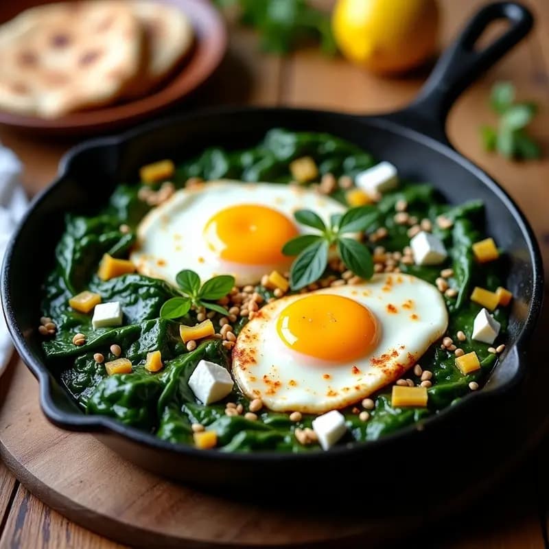 Sartén de hierro fundido con shakshuka marroquí de espinacas frescas y queso feta desmenuzado, coronada con dos huevos pochados de yema líquida. Decorada con perejil fresco y un chorrito de aceite de oliva virgen extra. Plato tradicional de desayuno alto en proteína con especias como comino y cúrcuma.