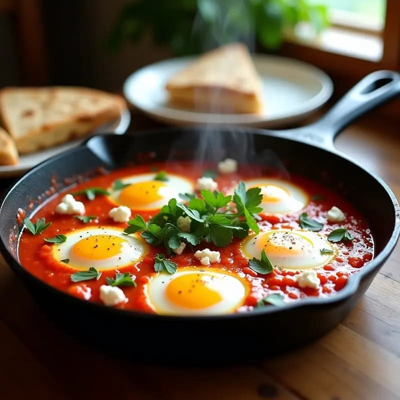 Sartén de hierro fundido con shakshuka de espinacas y feta, huevos de codorniz con yemas líquidas, espolvoreada con queso feta desmenuzado y perejil fresco, sobre fondo rústico de madera.