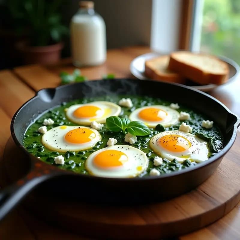 Skillet de hierro fundido con shakshuka israelí de espinacas y feta, huevos pochados con yemas líquidas, salsa verde cremosa y queso feta desmenuzado, decorado con perejil fresco.