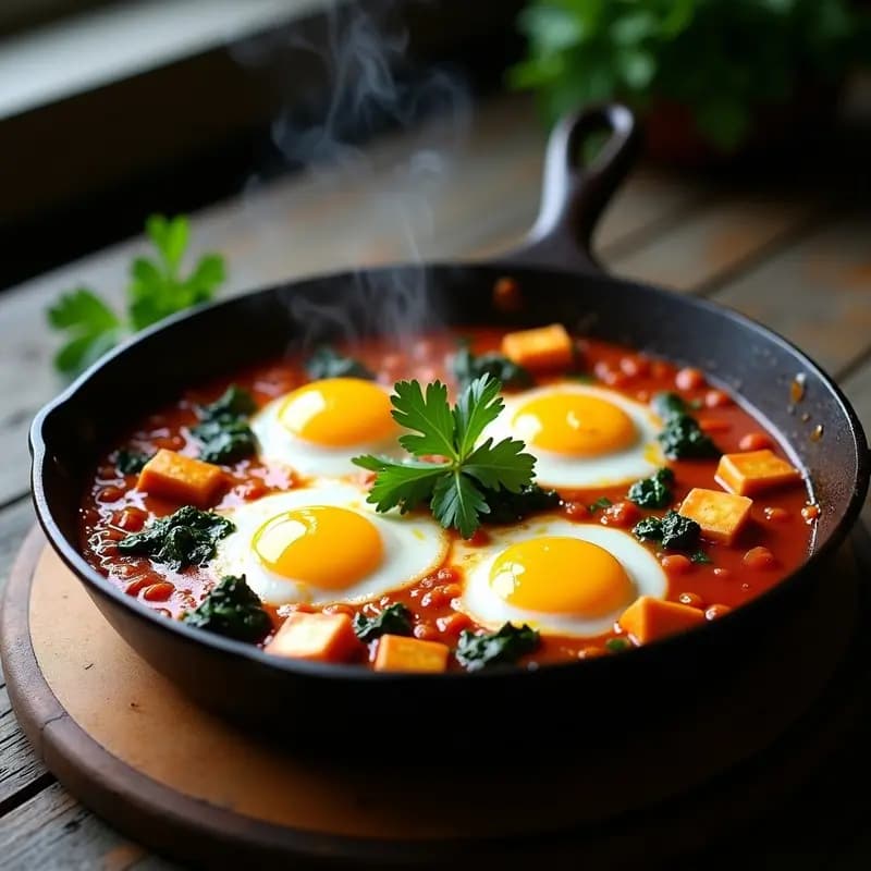 Sartén de hierro fundido con shakshuka de espinacas y queso halloumi, huevos escalfados con yemas líquidas, salsa de tomate espesa y cubos de halloumi dorado. Decorada con cilantro fresco y un chorrito de aceite de oliva, sobre fondo rústico de madera.