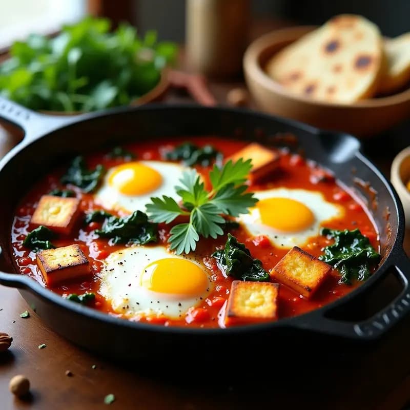 Sartén de hierro fundido con shakshuka libanesa: huevos pochados en salsa de tomate especiada con espinacas frescas y cubos dorados de queso halloumi, decorada con perejil y pimienta de Alepo.