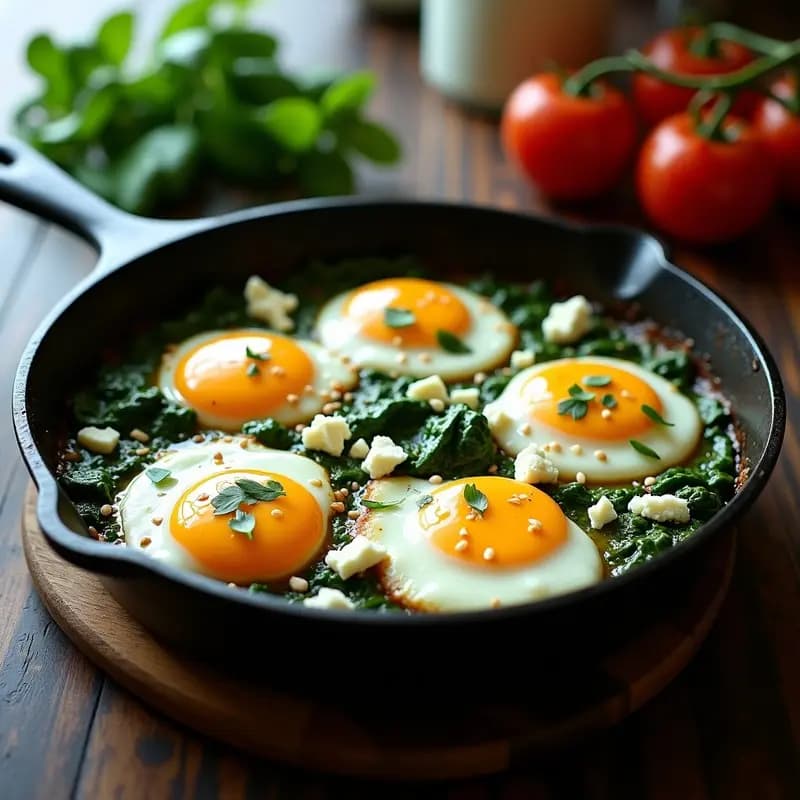 Sartén de hierro fundido con shakshuka norte africana: huevos pochados en salsa de tomate especiada con espinacas frescas y queso feta desmenuzado, decorada con perejil. Plato colorido y apetitoso, ideal para desayuno alto en proteína.