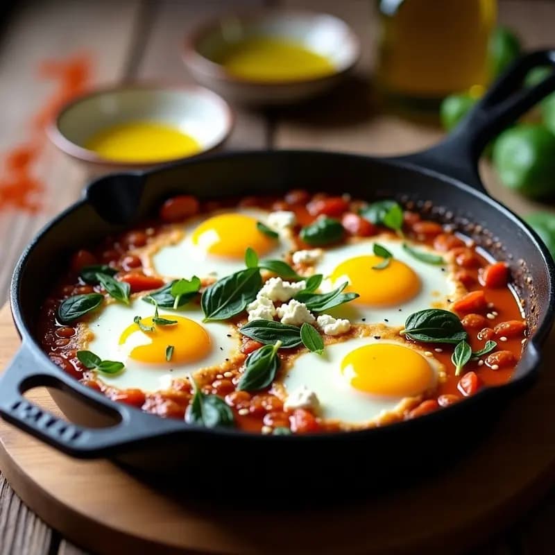 Sartén de hierro fundido con shakshuka tunecina keto: huevos escalfados sobre una base de espinacas baby, tomates secos y queso feta desmenuzado, decorado con semillas de sésamo y perejil fresco.