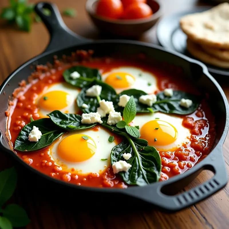Sartén de hierro fundido con shakshuka tunezina: huevos pochados en salsa de tomate roja con espinacas verdes salteadas y queso feta desmenuzado blanco. Decorada con perejil y menta fresca, sobre fondo rústico de madera.