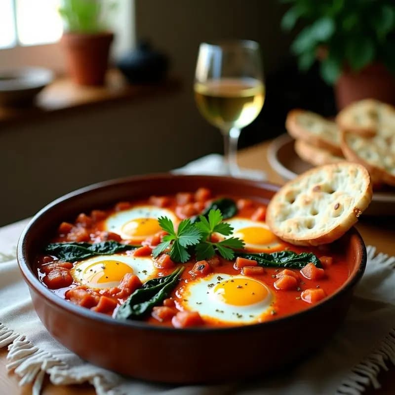 Plato hondo de barro con shakshuka vegana de espinacas y tofu desmenuzado, bañado en salsa de tomate picante especiada, decorado con perejil fresco y servido con pan pita tostado al lado.