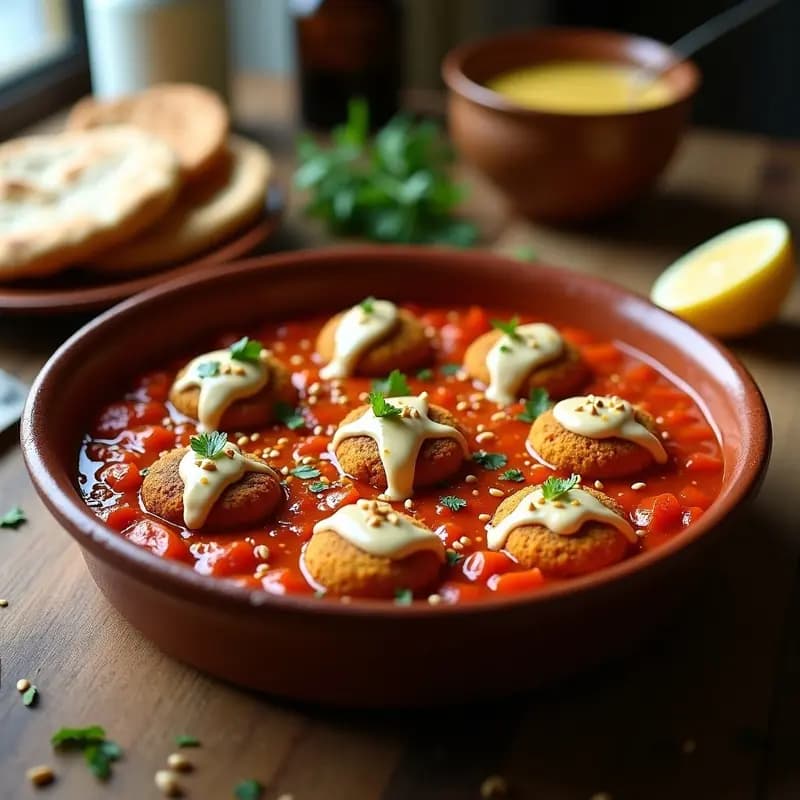 Plato hondo de barro con shakshuka vegana: salsa espesa de tomate y pimientos rojos, falafel dorado sumergido parcialmente, salsa cremosa de tahini en hilo, perejil fresco y semillas de sésamo. Desayuno israelí alto en proteínas.