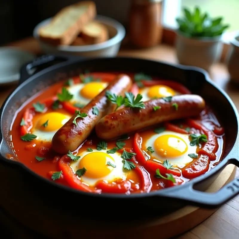 Sartén de hierro fundido con shakshuka francés: huevos pochados con yemas líquidas sobre una salsa espesa de tomate y pimentón, acompañados de salchichas de Toulouse doradas y perejil fresco. Plato humeante con pan rústico al lado.