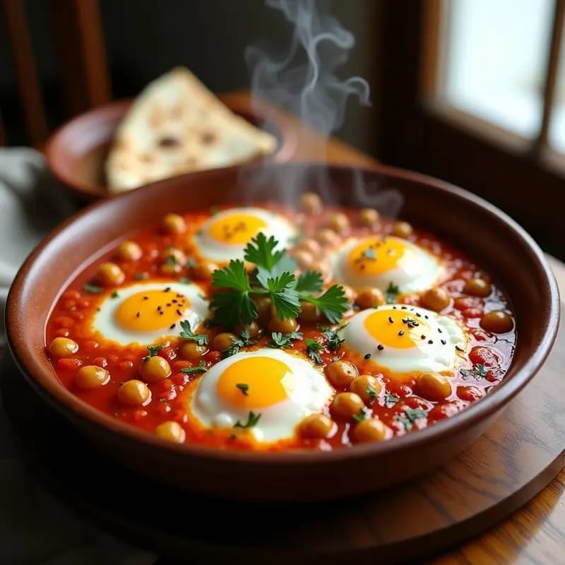 Plato hondo de barro con shakshuka con garbanzos: huevos pochados en salsa de tomate árabe picante, garbanzos dorados, perejil fresco y semillas de sésamo tostadas. Fondo rústico con pan de pita al lado.