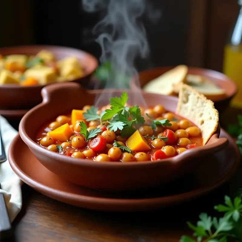 Cuenco hondo de barro con shakshuka de garbanzos y calabaza vegana en olla express, tofu dorado, cilantro fresco y semillas de sésamo, sobre fondo rústico de madera.