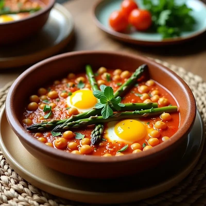 Cazuela de barro con shakshuka de garbanzos y espárragos sin huevo, bañada en salsa de tomate especiada con comino y pimentón. Espolvoreada con cilantro fresco y acompañada de pan integral. Receta tunecina vegana y alta en fibra.