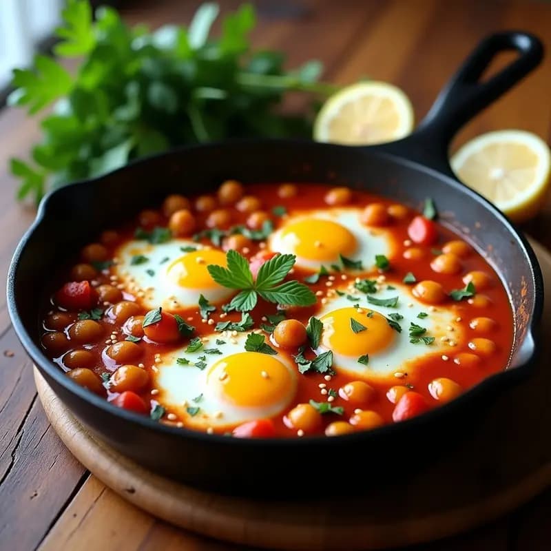 Sartén de hierro con shakshuka tunecina de garbanzos dorados en salsa de tomate espesa, espolvoreada con semillas de sésamo, cilantro fresco y pimentón ahumado, sobre fondo rústico de madera.