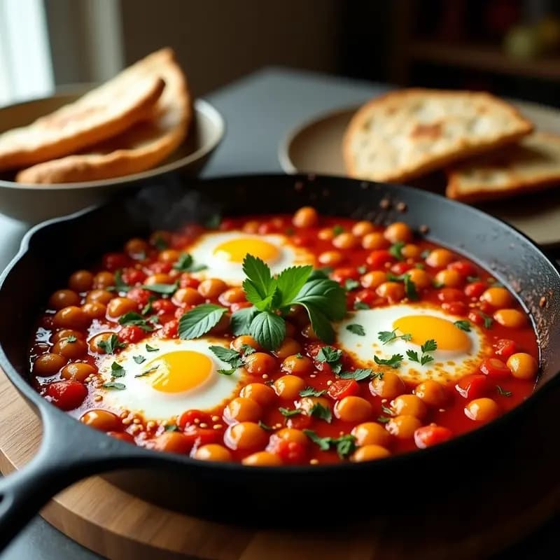 Sartén de hierro fundido con shakshuka vegana de garbanzos y pimientos rojos asados, bañada en salsa espesa de tomate y crema de anacardos, decorada con perifollo fresco, semillas de sésamo y un chorrito de limón. Plato reconfortante y alto en proteína, típico de la cocina norteafricana.
