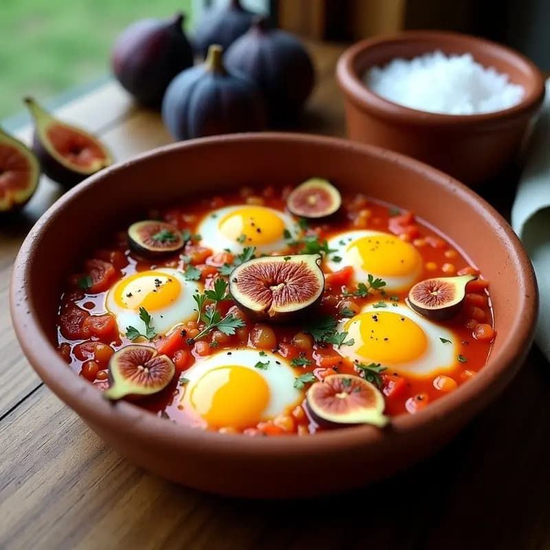 Plato hondo de barro con shakshuka tunecina: salsa espesa de tomate y pimiento con huevos escalfados, rodeados de higos caramelizados dorados y cilantro fresco, desayuno norteafricano sin gluten.