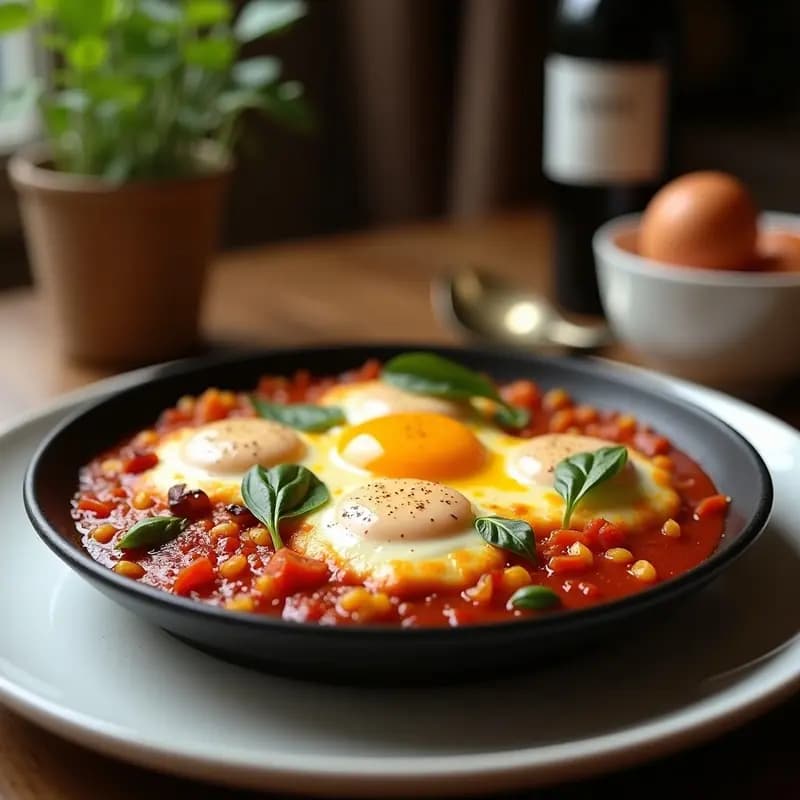 Sartén de hierro con shakshuka de higos caramelizados y queso de cabra, huevos pochos con yema líquida, higos dorados y tomillo fresco, acompañada de pan integral tostado sobre mesa rústica de madera.