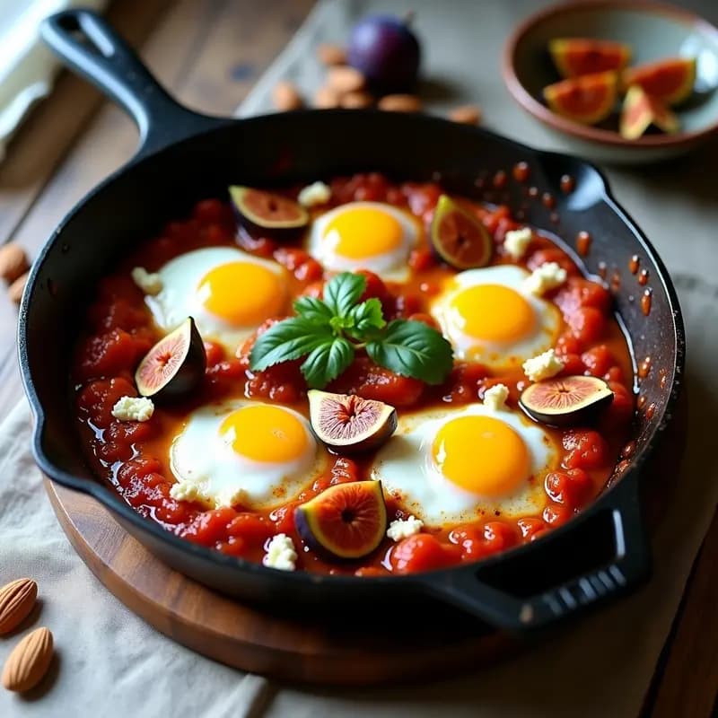 Sartén de hierro con shakshuka de higos caramelizados y huevos cuajados, coronados con queso de cabra desmenuzado y almendras tostadas, servida con pan de pita integral. Plato colorido con tonos morados, dorados y blancos, típico desayuno tunecino dulce-salado.