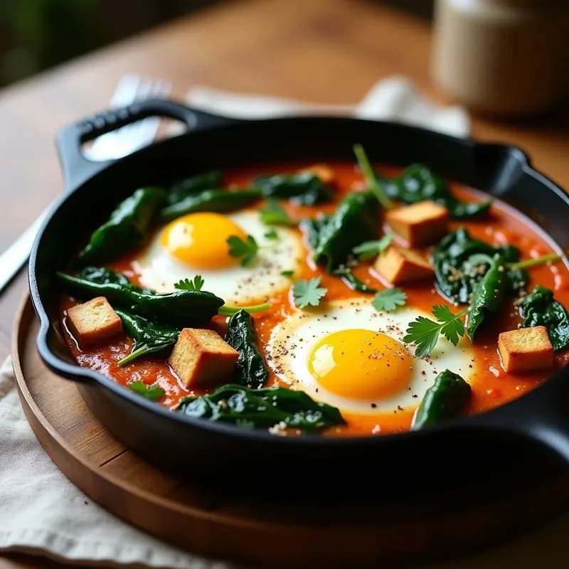 Sartén de hierro con shakshuka vegana keto de hongos portobello dorados, espinacas verdes y tofu sedoso cremoso, decorada con cilantro fresco y especias. Plato norteafricano colorido y apetitoso.