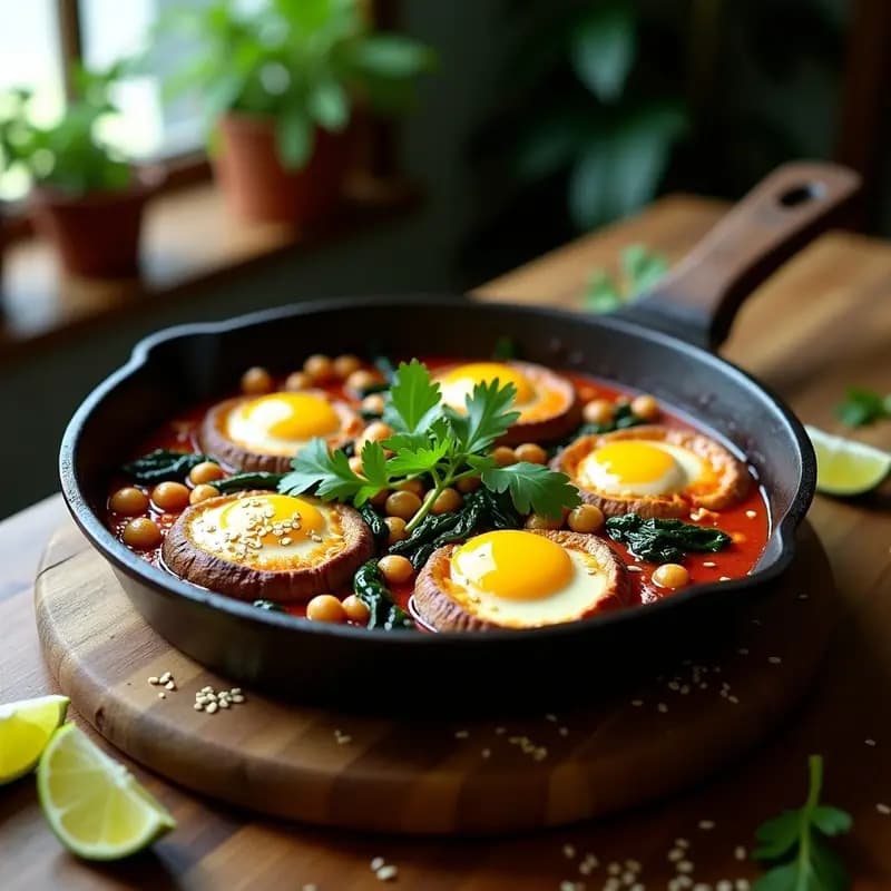 Sartén de hierro fundido con shakshuka vegana de hongos Portobello y espinacas, bañada en salsa de tomate especiada con chipotle, garbanzos y tofu desmenuzado. Decorada con cilantro fresco, semillas de sésamo y un chorrito de limón. Plato colorido y apetitoso con toques mexicanos.