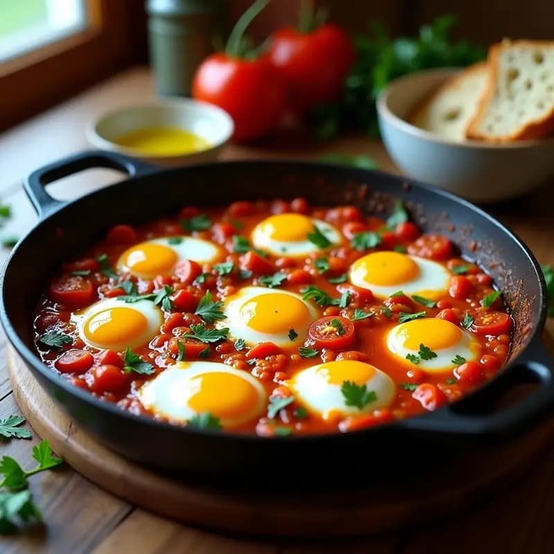 Sartén de hierro fundido con shakshuka de huevo de codorniz, salsa espesa de tomate y pimientos rojos y verdes, especias visibles, huevos de codorniz con yemas líquidas, decorada con perejil y cilantro fresco, fondo rústico de madera.